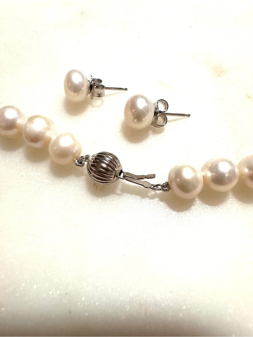 White Cultured Freshwater Pearl Rhodium over Sterling Silver Necklace & Earrings